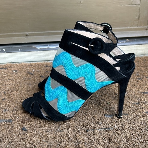 Nicholas Kirkwood Black and Turquoise Mesh Heels High Heel Peep Toe Sandals 40 - Picture 3 of 9